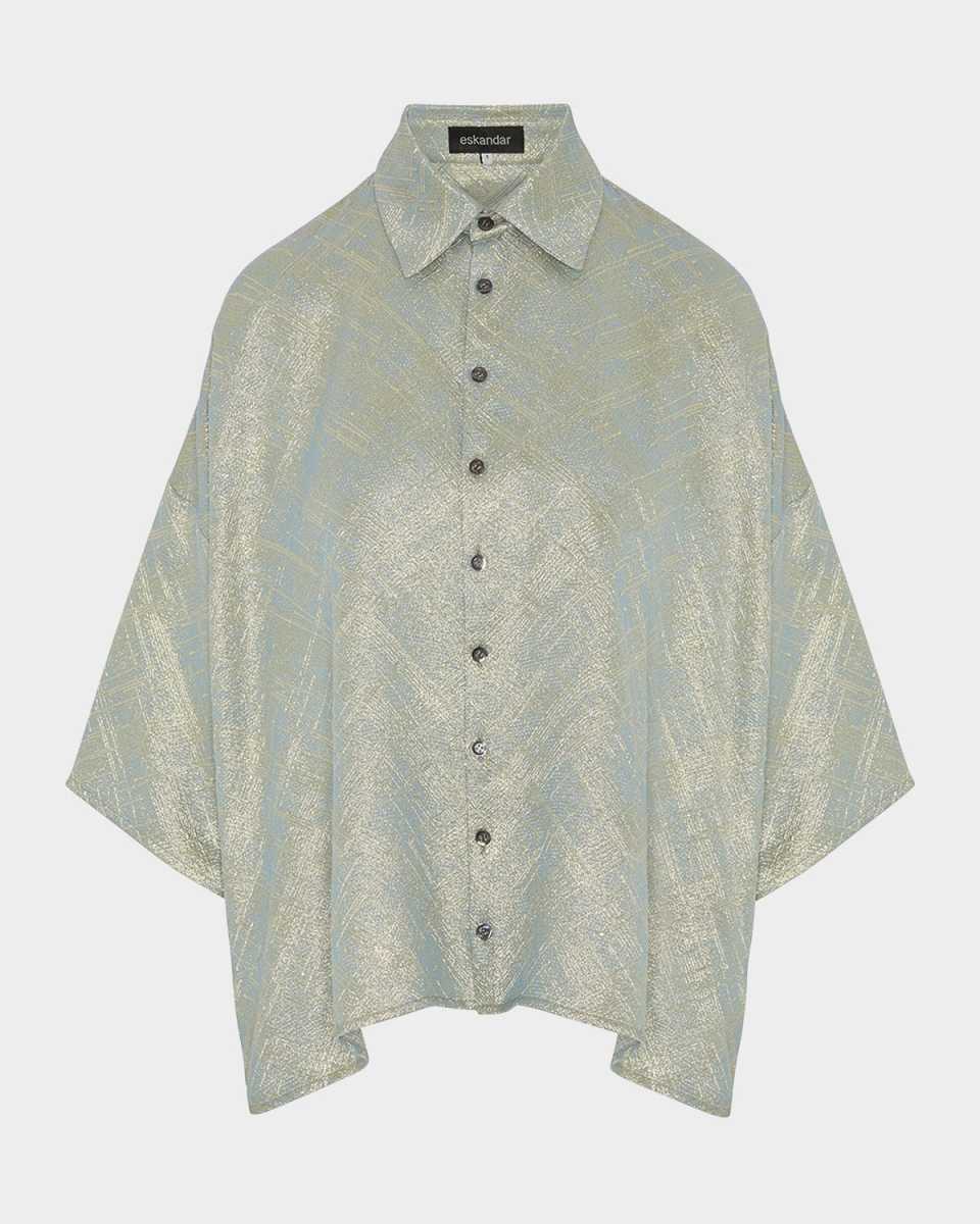 Sloped-Shoulder Wide A-Line Short-Sleeve Shirt With Collar (Mid Length)